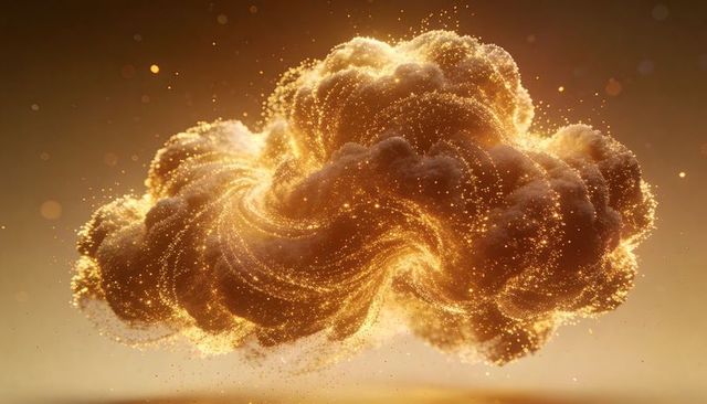 Glowing golden particle cloud swirling with luminous filaments for abstract luxury