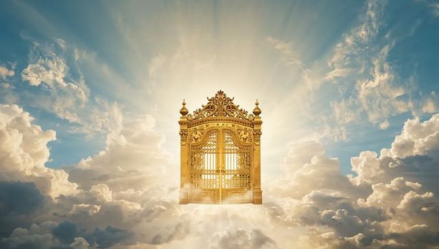 Floating ornate golden gate emerging from sunlit clouds with radiant halo