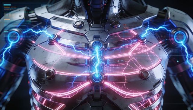 Powering armored robotic torso with glowing central power core and neon energy conduits