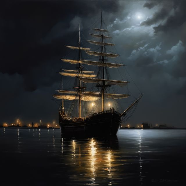 A majestic sailing ship glides through the night at sea. Illuminated by moonlight, the vessel's details and the tranquil waters create a serene maritime scene.