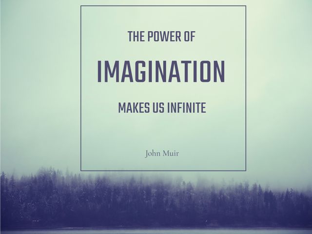 Inspirational quote 'The power of imagination makes us infinite' by John Muir over tranquil misty forest. Perfect for motivational posters, blogs on creativity and nature, social media posts, or desktop wallpapers.