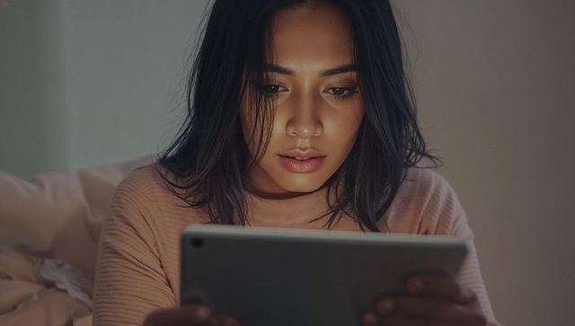 Woman relaxing at night using tablet in bedroom