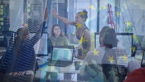 Dynamic Business Collaboration Overlaid with Euro Flag and Financial Data