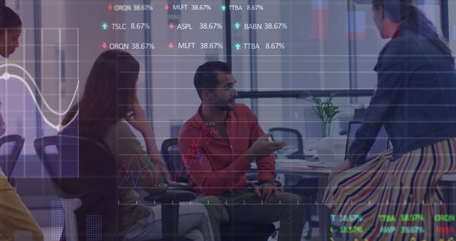 Multi-ethnic team in a modern office discussing and analyzing financial data charts and market trends projected on glass screen. Ideal for use in business presentations, financial reports, corporate training materials, and team collaboration visuals.