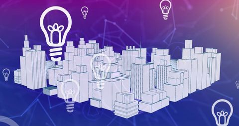 City Skyline with Digital Light Bulbs Symbolizing Innovation