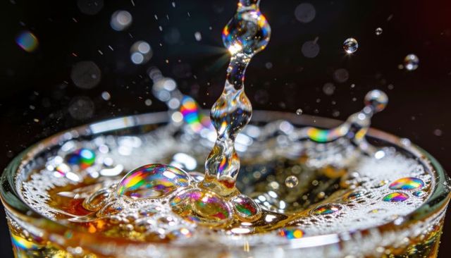 Pouring amber soda creating iridescent bubbles and dynamic macro splash with bokeh