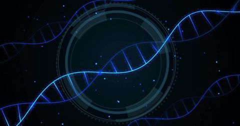 Glowing DNA Helix with Futuristic HUD Interface