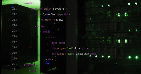Cybersecurity Code Overlay on Green Server Room Setting - Download Free Stock Images Pikwizard.com