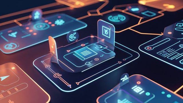 Futuristic holographic interface with digital control panels