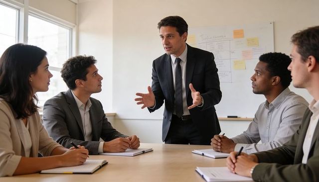 Executive leading strategic meeting with diverse team around conference table, gesturing