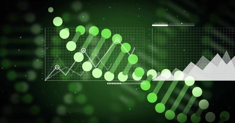 Rotating glowing green dna helix with data visualization and futuristic hud interface