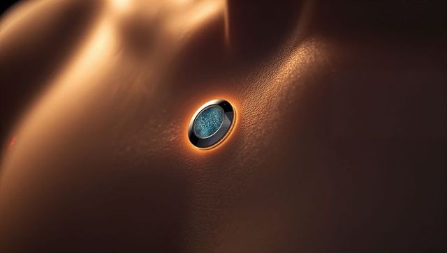 Dermal biometric patch on bare torso with warm orange halo and textured blue core