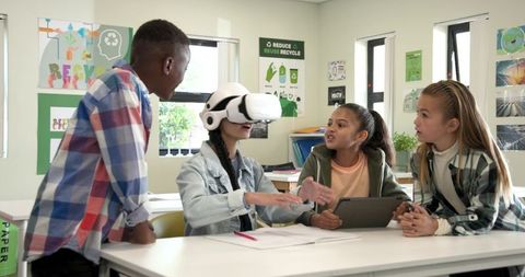 Students engaging with vr and tablet for sustainable education