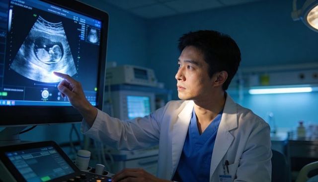 Clinician Pointing at Fetal Ultrasound Monitor During Prenatal Sonography Exam