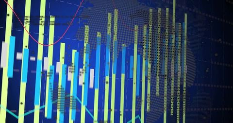 Displaying Neon Financial Candlestick and Bar Dashboard with Line Graphs and Halftone Grid
