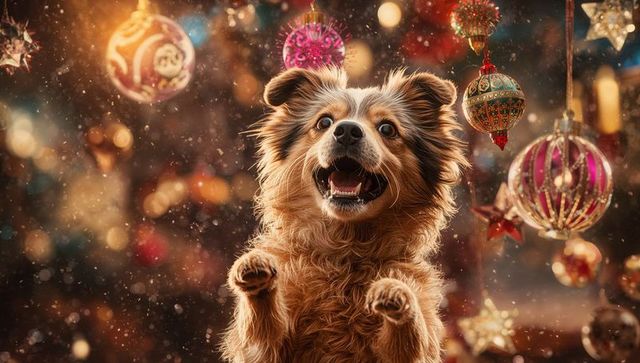 Festive dog raising paws among christmas baubles