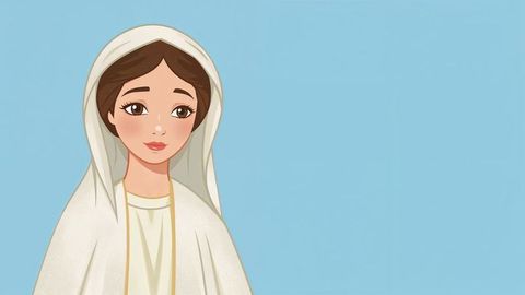 Serene the virgin mary woman in white cloak on blue background