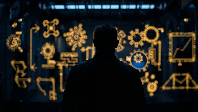 Silhouette engineer viewing digital schematic of gears and data dashboard in factory
