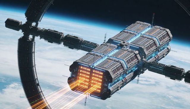 Orbital cargo freighter emitting plasma thrust near planet horizon with docking ring