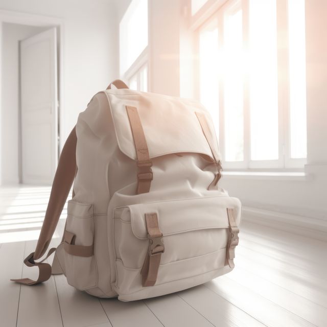White canvas backpack sitting on floor in bright minimalist interior with sunlight streaming through windows. Backpack has multiple pockets and buckles, suggesting use for travel, school, or casual outings. Image ideal for articles or blogs about travel, packing tips, school gear, or minimalist fashion. Could also be used in advertisements for backpacks, travel accessories, or lifestyle brands promoting versatile and stylish gear.