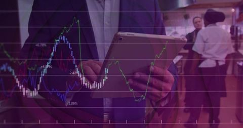 Businessman Holding Tablet at Cafe with Overlaid Financial Charts and Analytics Visualization