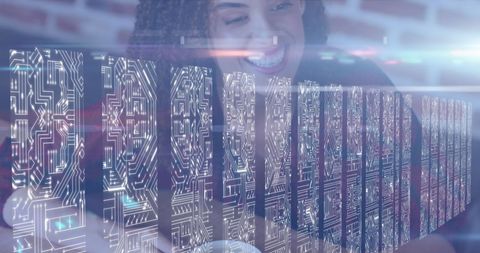 Smiling Woman with Circuitry Concept Illustrating Digital Innovation