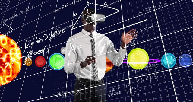 Image of businessman wearing vr headset over equations and solar system. global astronomy, science, business, digital interface and technology concept digitally generated image.