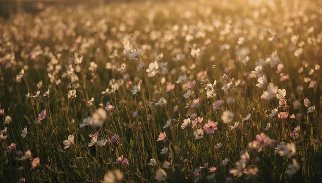Golden-hour meadow of pink and white wildflowers glowing in warm backlight with soft bokeh