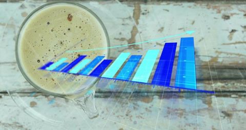 Overhead coffee cup projecting holographic blue 3d bar chart visualizing business growth