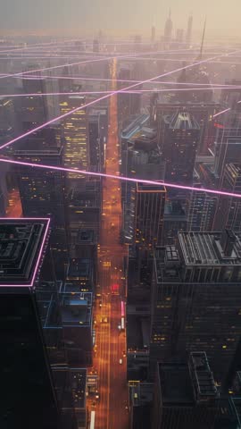 Tilting Zoom on Futuristic Neon Grid Linking Skyscrapers at Dusk | Vertical Aerial Video