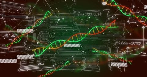 Glowing DNA Helix Weaving Through Digital Circuitry for Genomics, Biotech and Nanotech
