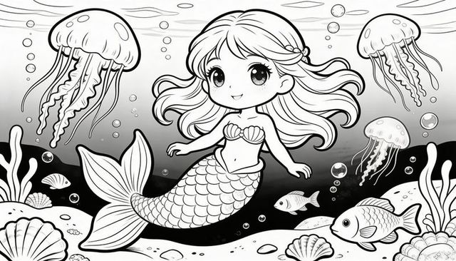 Playful mermaid gliding underwater with jellyfish and fish, monochrome cartoon coloring page