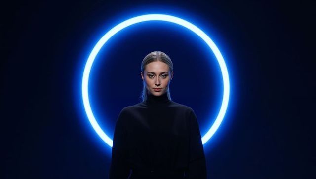 Woman wearing black high-neck top framed by neon blue halo ring futuristic portrait