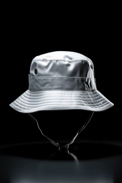 Stylish silver bucket hat prominently displayed against a sleek black background, highlighting its modern and trendy design. Ideal for use in fashion advertising, e-commerce product listings, and promotional materials for outdoor and casual wear collections.