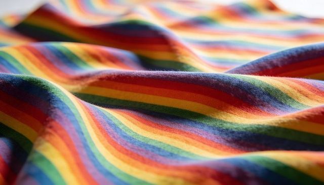 Vibrant rainbow striped knit fabric showing soft folds and macro texture for pride designs