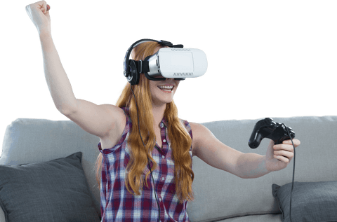 Woman Celebrating with VR Headset and Game Controller on Couch Transparent - Download Free Stock Videos Pikwizard.com
