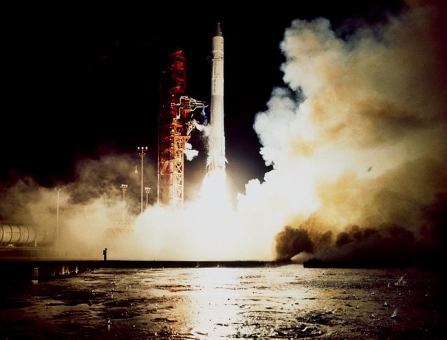 Rocket launch captured at night shows Atlas-Centaur carrying Pioneer G spacecraft on April 5, 1973. This momentous launch is part of the mission to explore Jupiter and its environment. Excellent for use in aerospace industry publications, educational material, historical documentation, or representations of space exploration milestones.