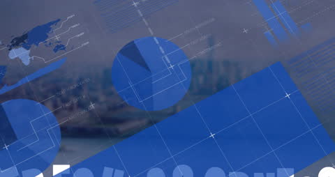 Statistical Charts and Global Map Overlaying City Landscape