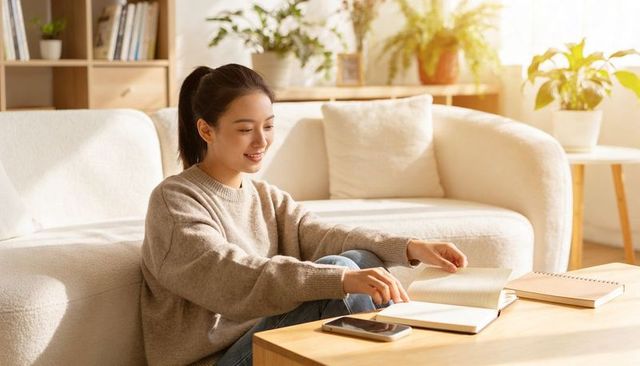 Asian woman journaling in cozy sunlit living room flipping notebook pages with smartphone