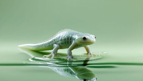 Pale Green Salamander Crawling on Reflective Surface in Minimalist Setting