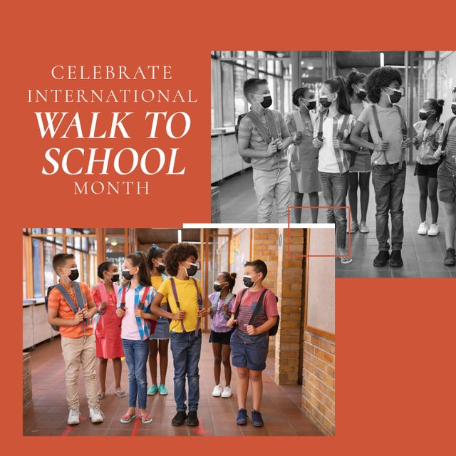 Diverse group of students wearing masks and backpacks, interacting in school corridor for International Walk to School Month. Photo can be used for campaigns promoting healthy lifestyle, safe return to school initiatives, and community involvement programs. Emphasizes togetherness, childhood interaction, and the importance of an active lifestyle at school.