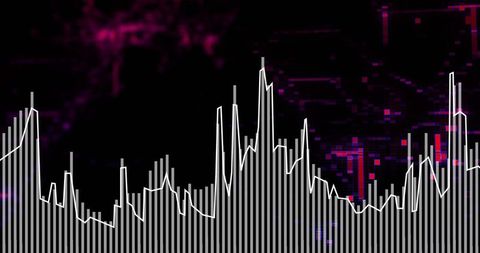 Neon Data Visualization Showing Glitchy Bar Chart with White Line Overlay, Futuristic Grid