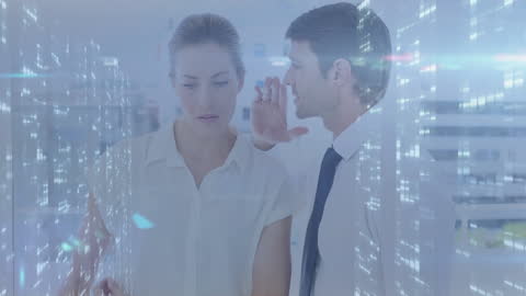 Colleagues Surrounded by Digital Financial Data and Insights