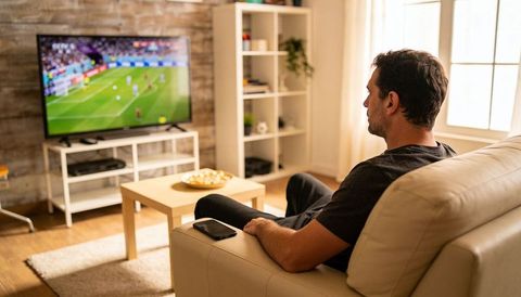 Man watching soccer on tv at home on beige leather sofa relaxing with chips and smartphone