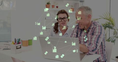Business Professionals Analyzing Data with Digital Connections Display