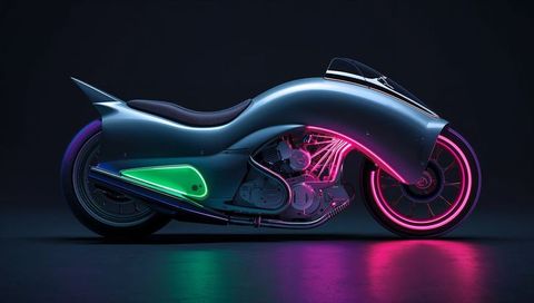 Futuristic neon motorcycle with magenta rim green accent led and sleek chrome gloss body