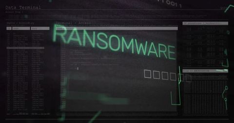 Ransomware alert on dark terminal hud with neon glitch and cybersecurity threat concept