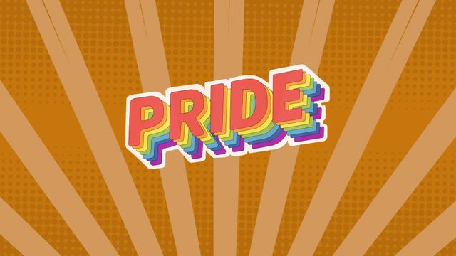 Colorful PRIDE text is depicted with layers of rainbow colors on an orange, sunburst-style background, embodying themes of celebration and inclusivity. Suitable for LGBTQ+ awareness campaigns, Pride month promotions, or creating vibrant designs centered around diversity and acceptance.