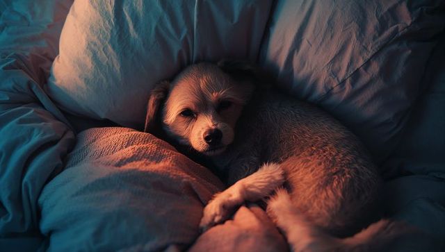 Cozy small dog nestling in soft warm comfortable bedding