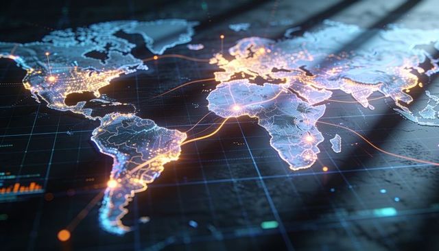 Holographic global network map with neon data nodes and cyber connectivity visualization